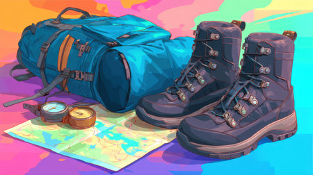A vibrant illustration showcasing essential hiking gear, including a sturdy backpack, durable boots, a map, and a compass, perfect for outdoor adventures.の素材