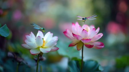 Experience the enchanting beauty of serene lotus flowers accompanied by graceful dragonflies in a tranquil outdoor setting, perfect for nature lovers.の素材