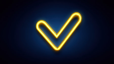 A striking neon checkmark icon glowing against a dark background, representing success and approval in modern design. Ideal for visuals in business contexts.の素材