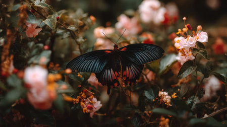 A stunning close-up of a majestic butterfly resting amid vibrant flowers highlights the beauty of nature in a serene garden environment.の素材