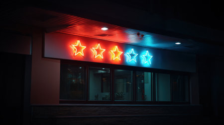 A vibrant neon star sign shines above a modern building exterior at night, creating a striking visual for trendy urban environments.の素材