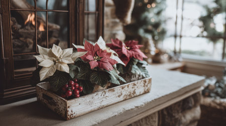 A beautiful seasonal arrangement featuring red and white poinsettias nestled in a rustic wood box, enhancing a cozy fireplace environment. Perfect for holiday inspiration.の素材