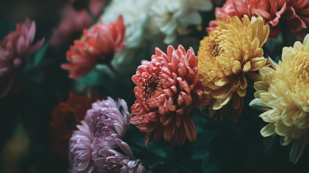 A stunning collection of colorful chrysanthemums in full bloom, showcasing intricate petals and vibrant shades. Ideal for floral and botanical decor.の素材