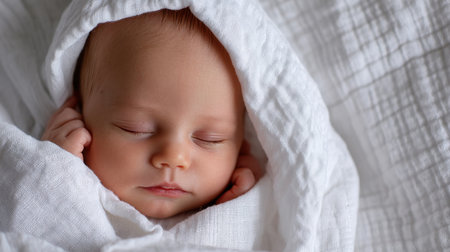 A serene image of a peaceful sleeping baby wrapped in soft white blankets, exuding tranquility and innocence in a cozy atmosphere.の素材