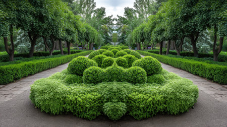 A serene garden pathway featuring lush greenery and artistic hedge designs under a cloudy sky, inviting peaceful moments in nature.の素材