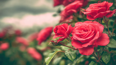 A stunning display of vibrant red roses blooms in a serene garden setting, framed by luscious green leaves and a soft cloudy background.の素材