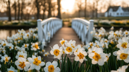 A picturesque scene featuring a wooden bridge over a serene waterway, surrounded by blooming daffodils in a tranquil garden during sunset.の素材