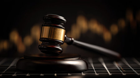 A close-up view of a wooden gavel against a dark backdrop, representing law and justice intertwined with financial market concepts and analysis.の素材