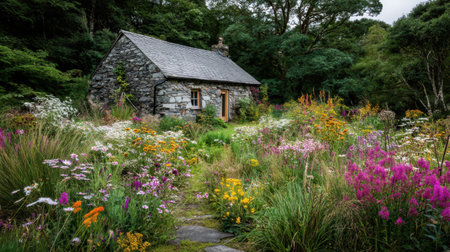 This enchanting image depicts a rustic stone cottage enveloped by a stunning array of colorful wildflowers, showcasing the essence of nature's beauty.の素材