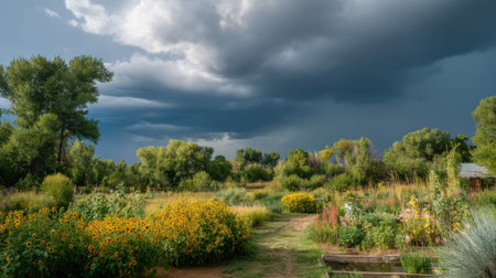 A picturesque garden filled with vibrant wildflowers contrasts against a backdrop of ominous clouds, creating a serene yet dramatic landscape.の素材