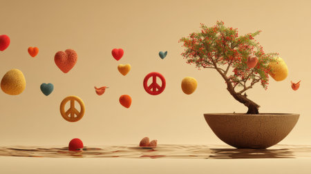 A vibrant tree flourishes in a decorative pot, surrounded by colorful shapes like love hearts and peace symbols, evoking feelings of harmony and creativity.の素材
