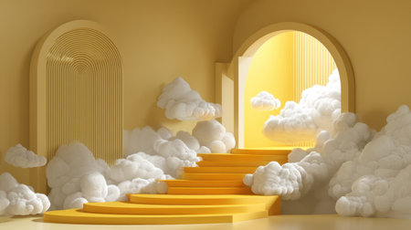 A stunning interior scene featuring a bright yellow stairway leading to an archway, surrounded by fluffy clouds, creating a warm and inviting atmosphere.の素材
