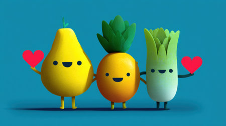 This vibrant image features three adorable and cheerful cartoon fruits and vegetables, each holding a heart and spreading joy against a bold blue backdrop.の素材