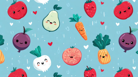 This vibrant illustration features a delightful pattern of cute, smiling fruits and vegetables on a soft blue background, perfect for fun designs.の素材