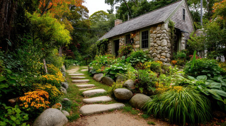 A rustic stone cottage sits amidst a vibrant garden pathway, showcasing colorful flowers and lush greenery in a serene autumn landscape.の素材