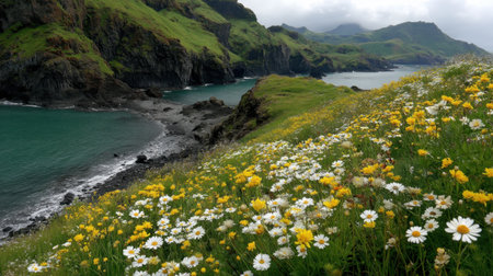 Capture the essence of nature with this stunning coastal view showcasing vibrant wildflowers blooming near rocky cliffs, under a serene cloudy sky.の素材
