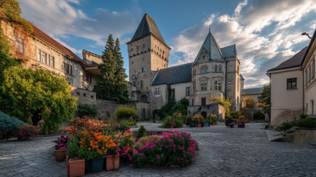 A stunning historic castle stands majestically in a flower-filled garden, bathed in warm sunset hues, creating a picturesque scene.の素材