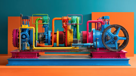 A vivid industrial pump system featuring colorful pipes and motors, showcasing mechanical engineering innovation and design. Perfect for conveying technology.の素材