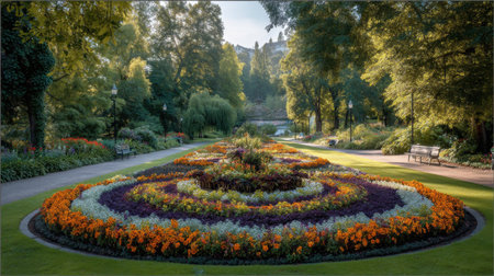 A beautiful garden featuring a vibrant floral design, showcasing colorful flowers arranged in circular patterns amidst lush greenery, creating a tranquil outdoor scene.の素材