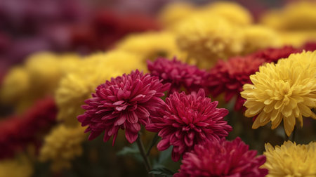 A stunning display of vibrant red and yellow chrysanthemums capturing the beauty of nature in a peaceful garden setting, perfect for floral decor.の素材