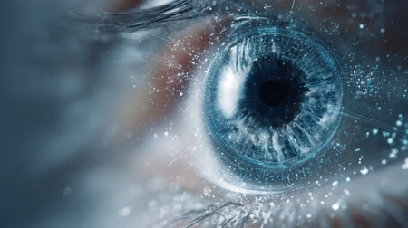 This stunning close-up image captures the intricate details of a human eye, emphasizing its blue iris and reflective qualities. An artistic representation merges nature and technology, creating a mesmerizing visual journey.の素材