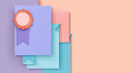 This image showcases a vibrant arrangement of colorful paper layers with a badge, perfectly symbolizing achievement and success in creative or educational contexts.の素材