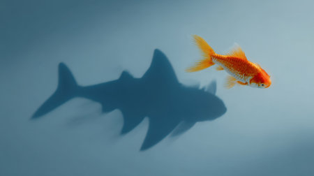 A vibrant goldfish swims gracefully, casting a unique shadow resembling a shark, creating a playful yet surreal underwater scene.の素材