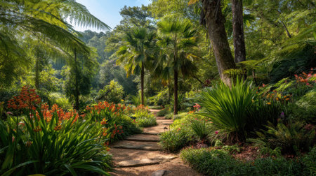 A picturesque pathway meanders through a lush garden filled with vibrant flowers and tropical plants, inviting visitors to enjoy a serene outdoor escape.の素材