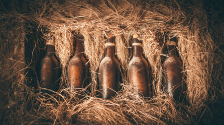 Discover the charm of rustic vintage bottles arranged harmoniously in a bed of straw, perfect for inspiring creative home decor and styling ideas.の素材