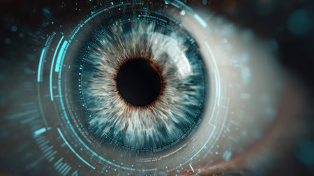 This captivating close-up of a human eye features intricate details enhanced by digital overlays, showcasing the blend of biology and technology.の素材