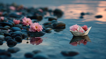 A serene composition featuring a delicate paper boat adorned with pink flowers, gently floating on calm water, surrounded by smooth stones.の素材