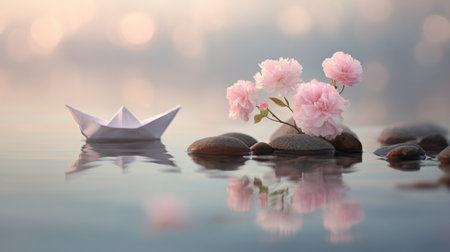 A serene composition featuring a delicate arrangement of pink flowers beside an origami boat on calm water, creating a tranquil atmosphere.の素材
