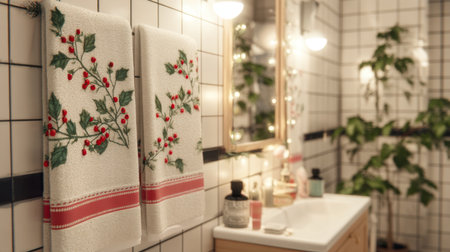 Elegant bathroom setting featuring festive towels adorned with holiday motifs, warm lighting, and a touch of greenery, creating a cozy atmosphere.の素材