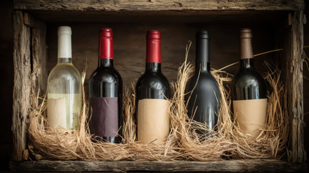 A beautiful display of assorted wine bottles in a rustic wooden crate, nestled in soft straw, perfect for enhancing kitchen decor and culinary events.の素材