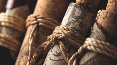 Discover the beauty of vintage wine bottles elegantly wrapped in paper and twine. Perfect for showcasing rustic charm in wine culture and celebration.の素材