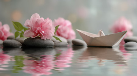 A serene water scene featuring a delicate paper boat surrounded by pink flowers and smooth stones, reflecting calmness and beauty. Perfect for relaxation and meditative themes.の素材