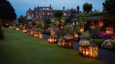 A tranquil garden pathway is beautifully illuminated by a row of colorful lanterns at dusk, creating a serene and enchanting atmosphere amidst lush greenery.の素材