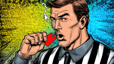 A striking illustration of a referee blowing a whistle in a dynamic pop art style. The colorful background adds energy and highlights the authority and intensity of the moment.の素材