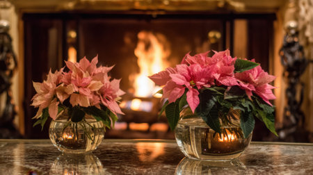 A cozy holiday scene featuring beautiful poinsettia plants in glass vases set against a crackling fireplace, creating a warm and inviting ambiance for festive gatherings.の素材