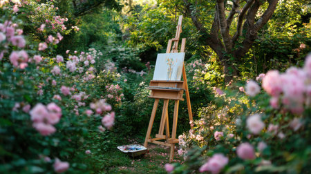 A serene garden scene features a wooden easel with a blank canvas amidst a lush display of pink roses, inviting artistic inspiration and creativity.の素材