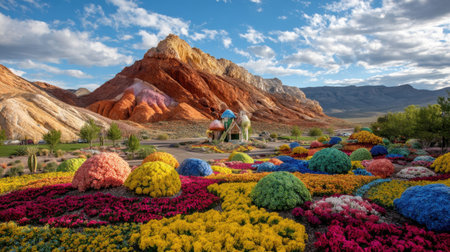 A stunning view of a vibrant flower garden blooming in an array of colors set against a dramatic mountain backdrop under a picturesque sky.の素材