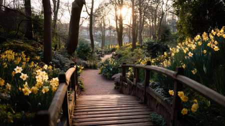 A picturesque scene featuring a wooden bridge over a winding pathway adorned with vibrant yellow flowers, bathed in warm sunset light.の素材