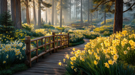 A tranquil scene featuring a winding wooden pathway surrounded by blooming daffodils in a misty forest. Soft sunlight filters through the trees, creating an enchanting atmosphere.の素材