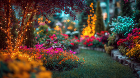 A picturesque garden pathway adorned with colorful flowers and glowing fairy lights creates a serene twilight atmosphere, perfect for relaxation.の素材