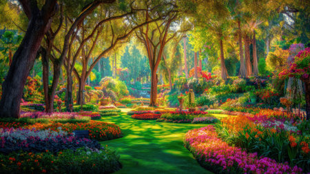 Explore a stunning flower garden teeming with vibrant colors and lush greenery, offering a peaceful escape into nature's beauty.の素材