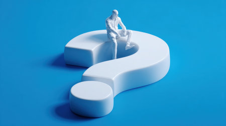 A solitary figure sits thoughtfully on a large question mark against a vivid blue background, representing inquiry and contemplation in various scenarios.の素材