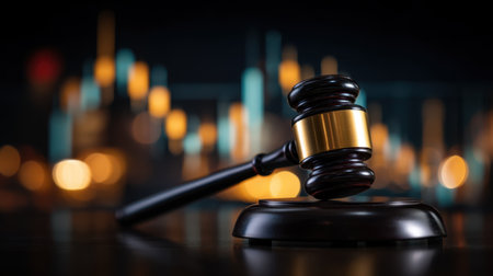 A dramatic close-up of a gavel on a dark surface, set against a backdrop of blurred lights and financial graphics, emphasizing the themes of law and justice.の素材