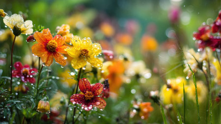 A stunning close-up of vibrant flowers adorned with glistening water droplets, capturing the essence of nature's beauty in a colorful garden.の素材
