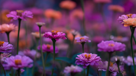 A stunning field of vibrant flowers displays a rich palette of purple and pink tones, accentuated by dewdrops and soft bokeh effect.の素材