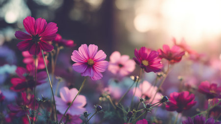 A stunning closeup of pink and purple cosmos flowers bathed in warm sunlight, highlighting their delicate petals against a dreamy bokeh background.の素材